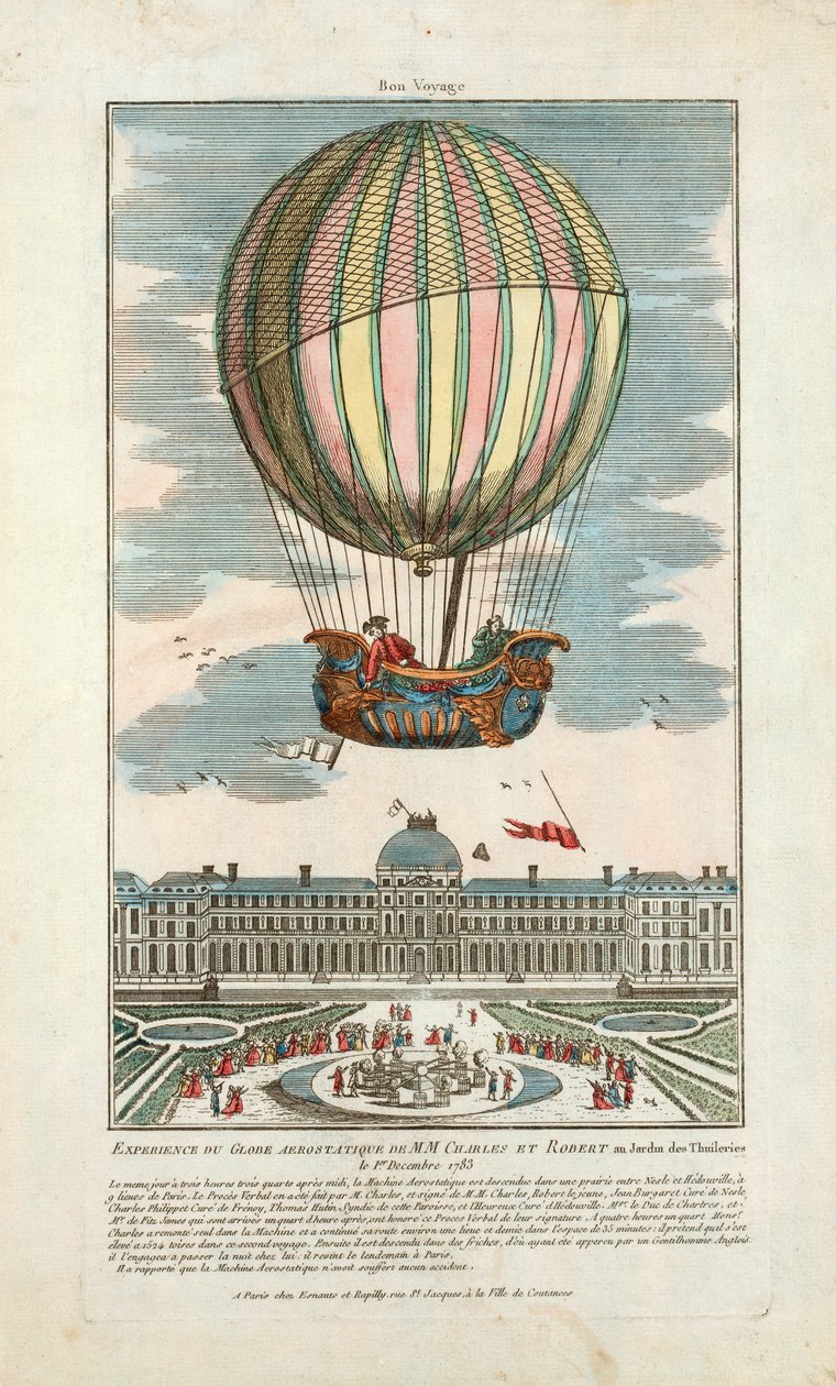 Experiência do globo aerostático da MM. Charles e Robert no Jardin des Thuileries em 1 de dezembro de 1783, pub. 1783 (gravura colorida à mão) de French School