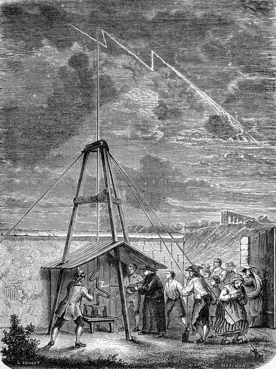 Experiência feita em 10 de Maio de 1752, por Thomas Francois (Thomas-Francois) Dalibard (1703-1779) a Marly, primeira demonstração da presença de electricite em nuvens tempestuosas - gravura de French School
