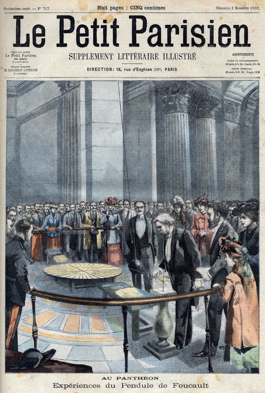 Experiência do pêndulo de Foucault no Panteão com Joseph Chaumie (1849-1919), político francês, ministro da Instrução Pública, em "Le petit Parisien". de French School