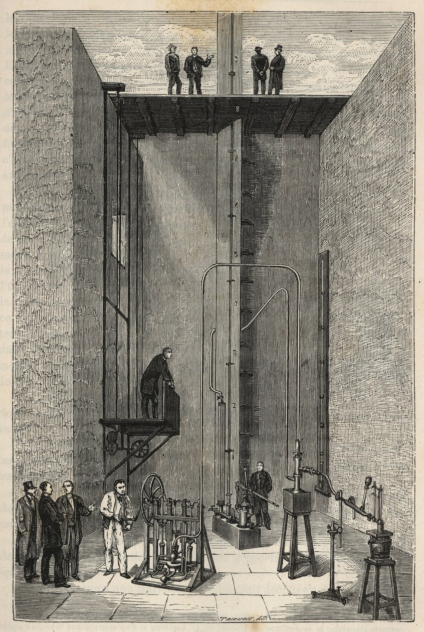 Experiência de Henri Victor Regnault (1810 - 1878) - Henri-Victor Regnault no Colégio da França - Gravura em "Ciências colocadas à porta de todos - física e química" por Alexis Clerc. Final do século XIX. Coleção particular. de French School