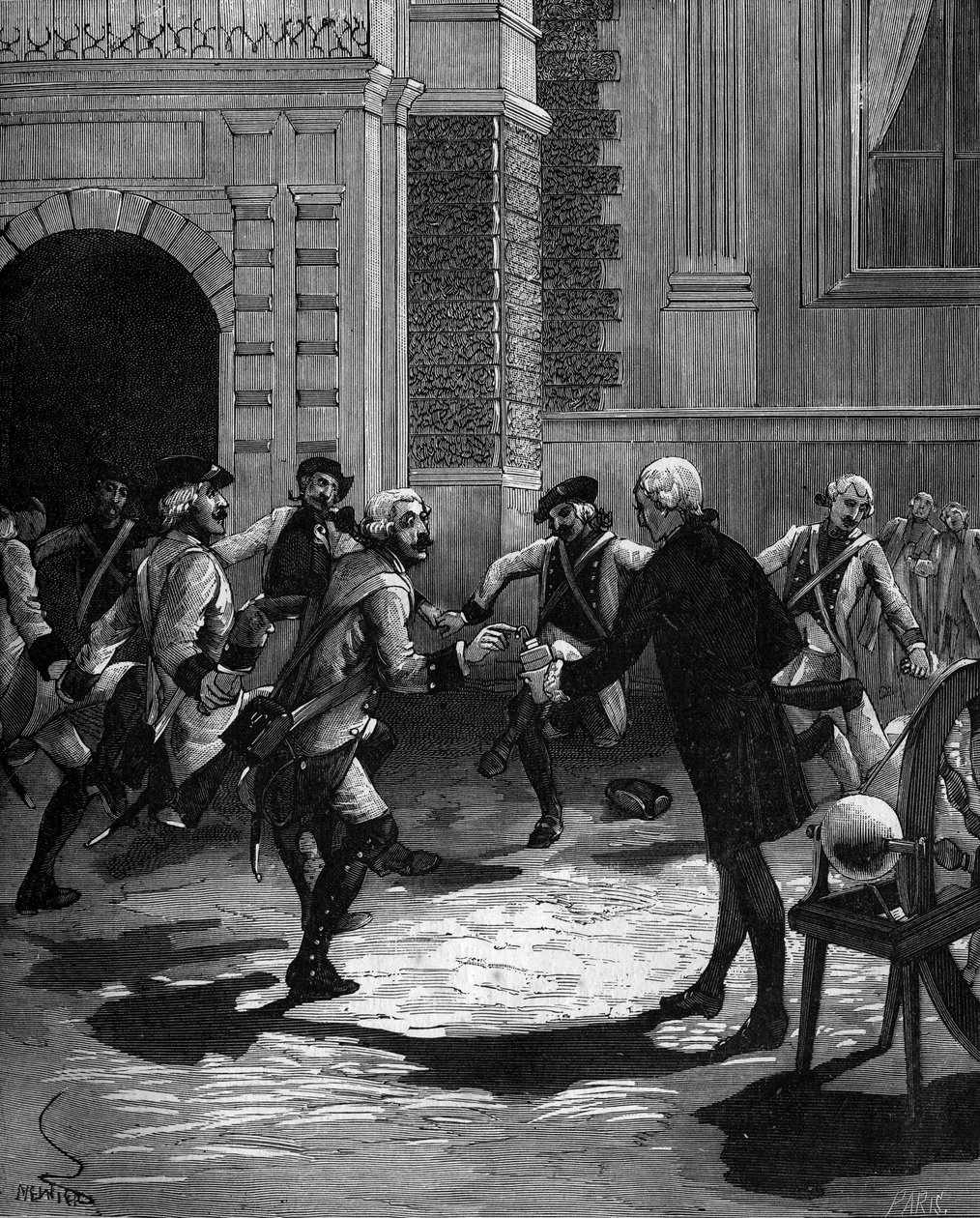 Experiência da garrafa de Leiden por Abbe Jean Antoine Nollet (Jean-Antoine) (1700-1770), físico francês em Versalhes, onde 180 guardas foram atingidos ao mesmo tempo.1746 de French School