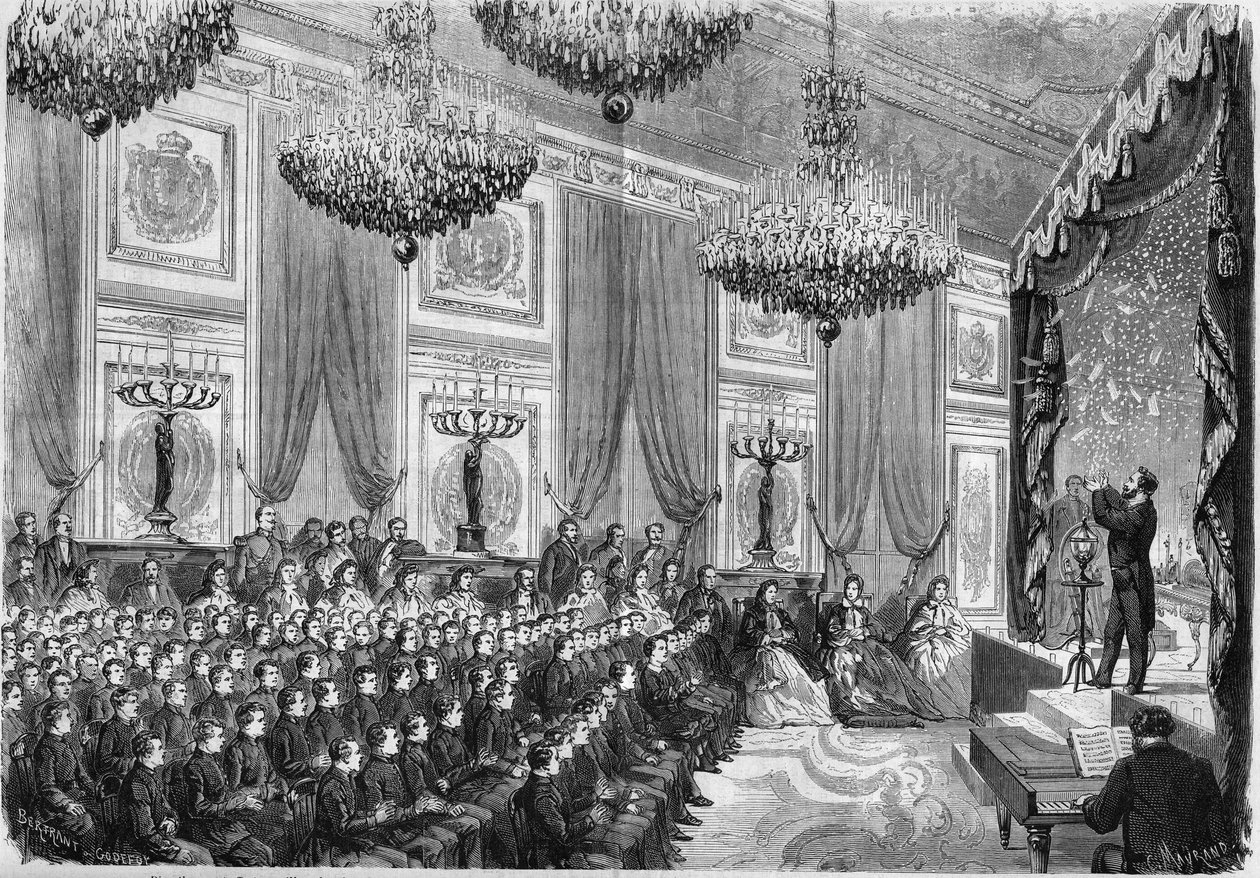 Experiências de física executadas por Henri Robin (ca. 1803-1874) em homenagem aos melhores alunos das Líceas de Paris, show oferecido pelo Príncipe Imperial no Palais des Tuileries, 27 de janeiro de 1865. Estavam presentes o Príncipe Imperial, filho de N de French School