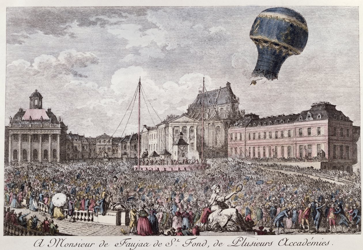 Experiência em Versailles dos irmãos Montgolfier com o vôo em um balão de ar quente Montgolfiere de um galo, um pato e uma ovelha em 19 de setembro de 1783 de French School