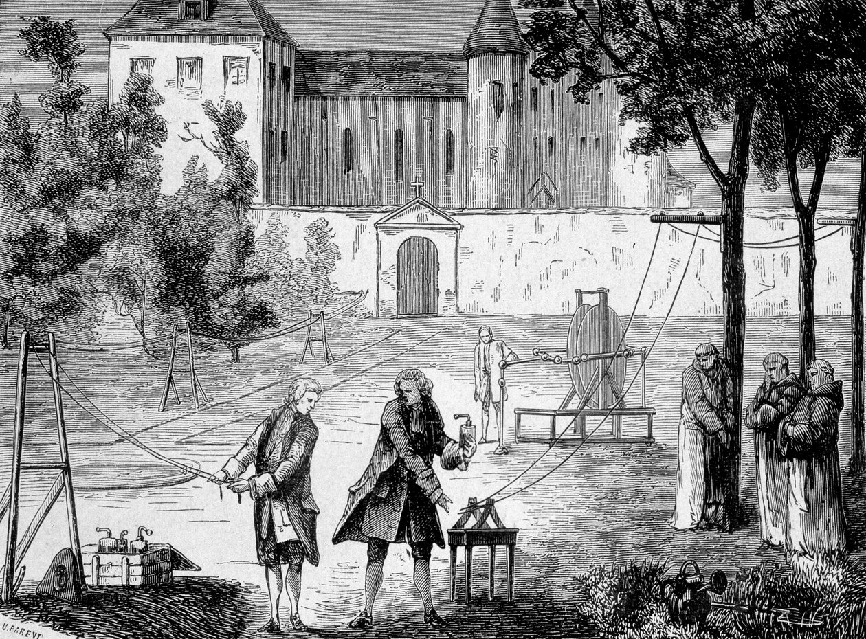 Experiência feita em 1746 por Lemonnier no convento do Chartreux para apreciar a velocidade da eletricidade - em “Album de la Science; cientistas ilustres; Grandes descobertas ”” ”1896. de French School