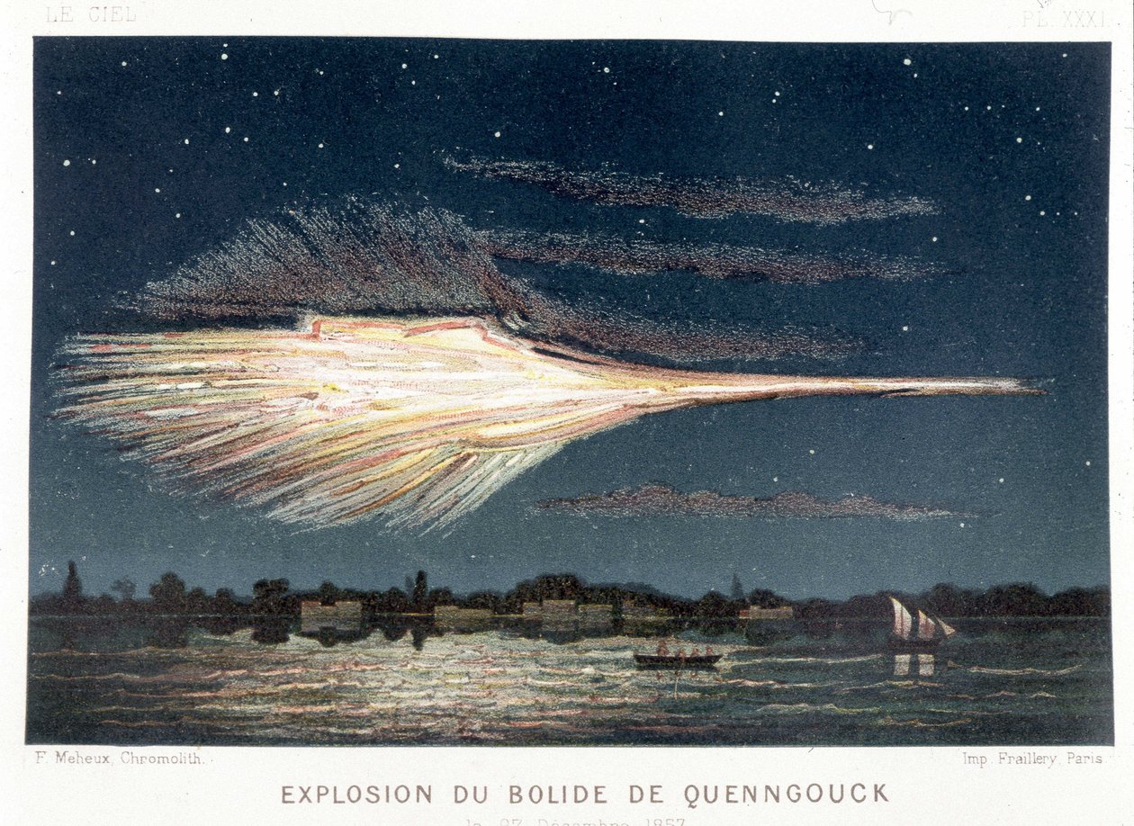 Explosão do bólide Quenngouck (meteorito) em 27 de Dezembro de 1857 - em "Le Ciel" de Amédée Guillemin, Paris de French School