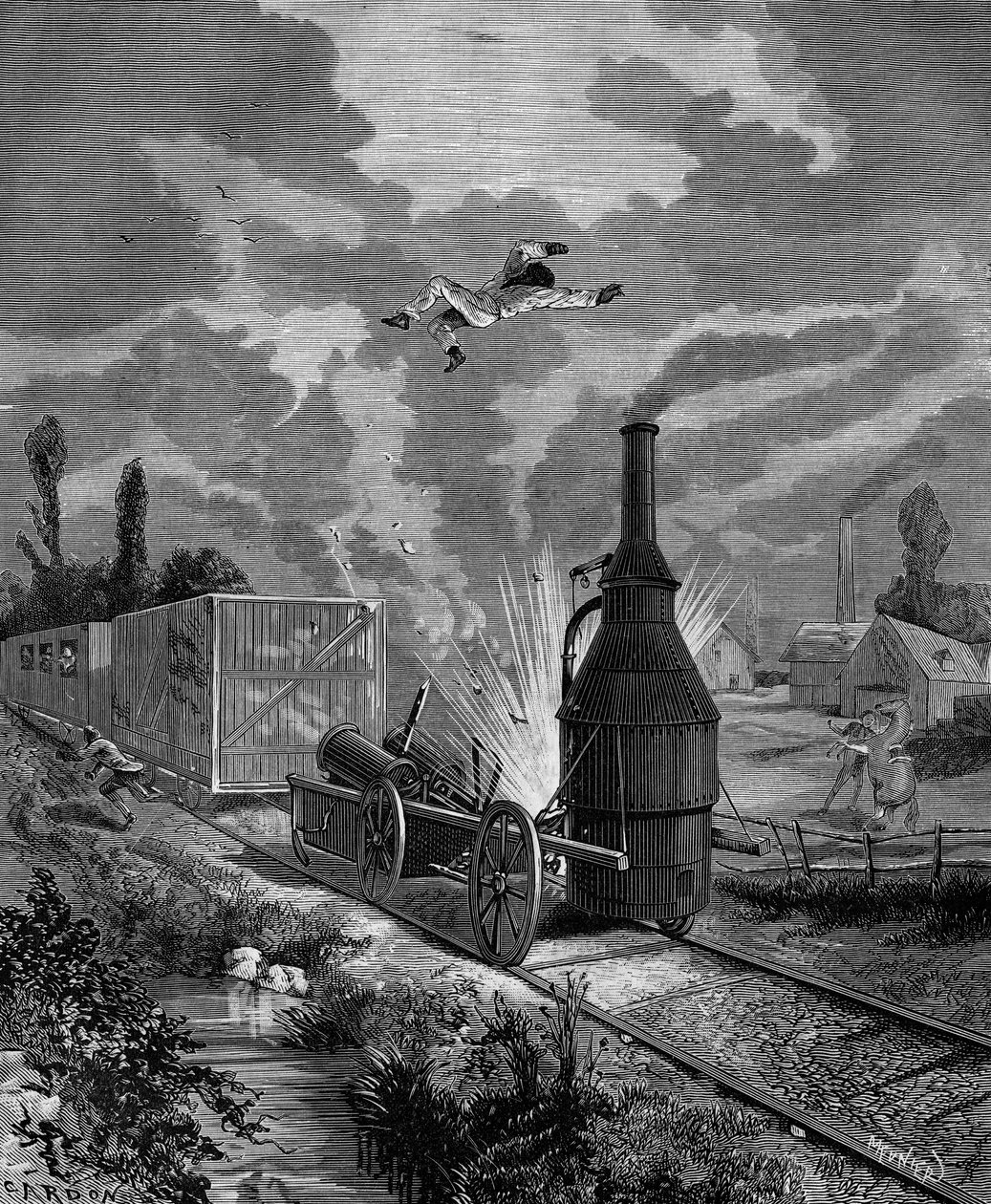 Explosão da caldeira de uma das primeiras locomotivas a vapor americanas, em junho de 1831 (o "Melhor Amigo"). na "História popular da ciência, invenções e descobertas dos primeiros séculos até os dias de hoje" por Bitard Adolphe 1880. de French School