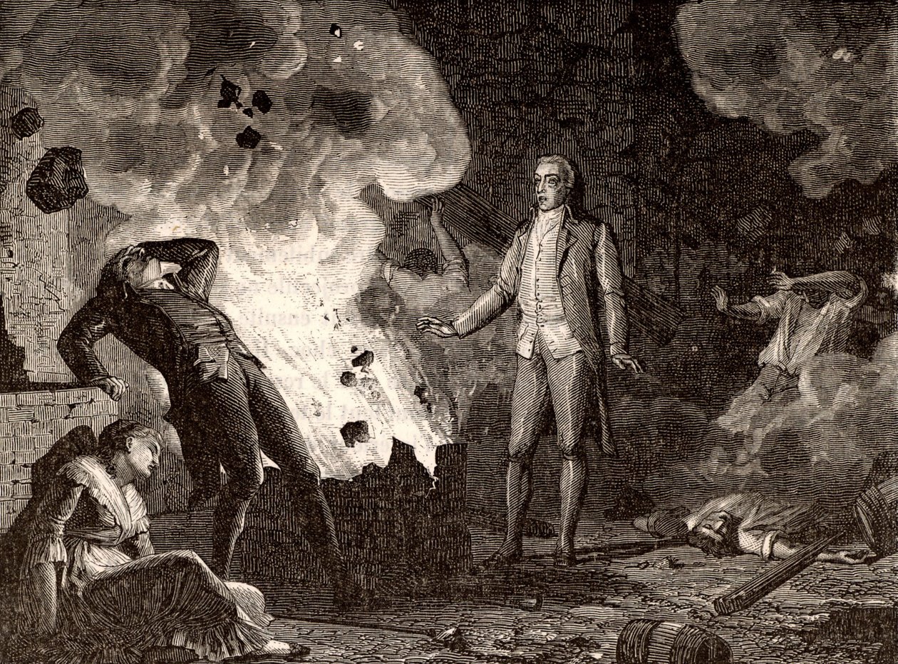 Explosão da fábrica de explosivos de Essonne, França, c. 1788 (gravura) de French School