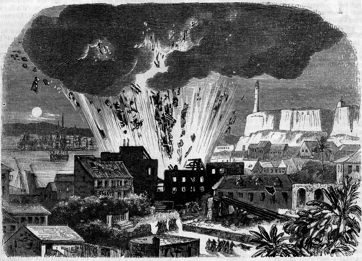 Explosão do barril de pólvora no arsenal marítimo de Havana, Cuba de French School