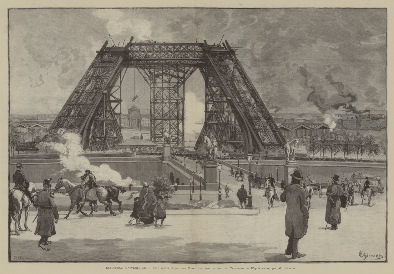 Exposição Universal, estado atual da Torre Eiffel, vista do parque do Trocadero (gravura) de French School