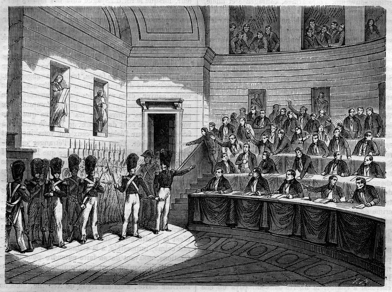 Expulsão de Jacques Antoine (Jacques-Antoine) Manuel (1775-1827), advogado liberal francês e político da Câmara dos Deputados. Gravação em "Histoire des Papes-Rois-Queen and Empereurs a travessa les centuries" por Maurice Lachatre de French School