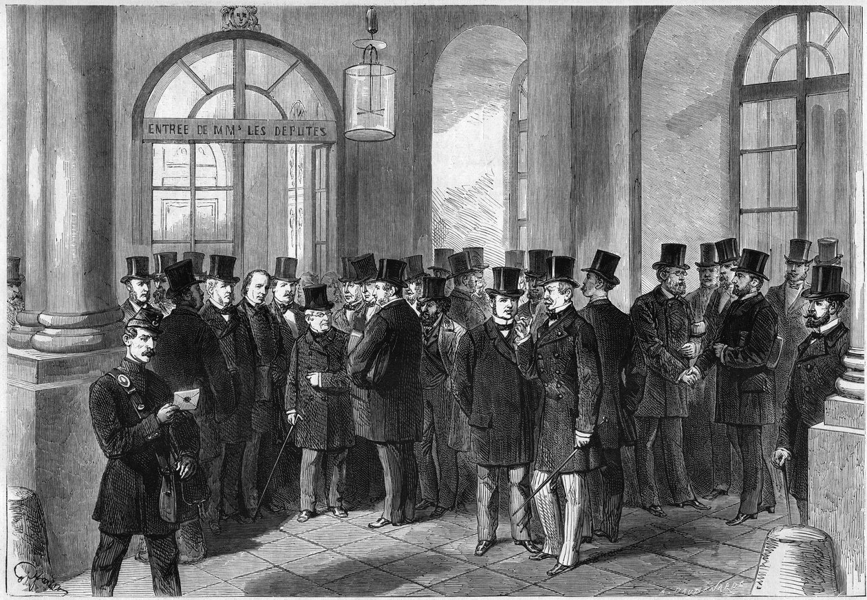 Prorrogação do mandato presidencial do marechal de Mac-Mahon (Mac Mahon), estabelecimento do septennat na França, novembro de 1873: vista da porta de entrada da Assembllee de Versailles, no dia da discussão da prorrogação. Da esquerda para a direita de French School