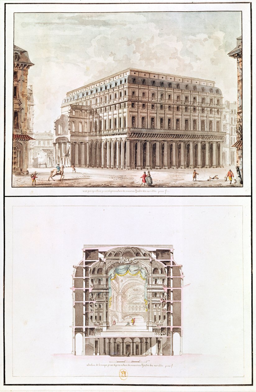 Exterior e secção transversal do interior do Theatre des Varietes, 6 rue de Richelieu de French School