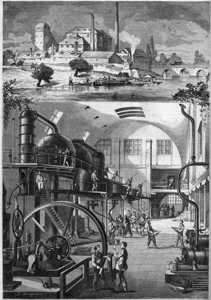 Vista exterior e principais oficinas da grande refinaria de açúcar Les Recollets, propriedade do Sr. Cedard, em Nantes, em 1864. Gravura em "Le Monde Illustré" n°380 de 23 de Julho de 1864. de French School