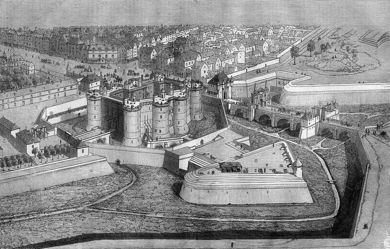 Vista exterior da Bastilha em Paris, em 1650. de French School