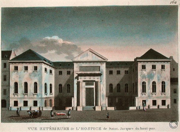 Vista exterior do Hospice Saint-Jacques, c.1800 (gravura colorida) de French School
