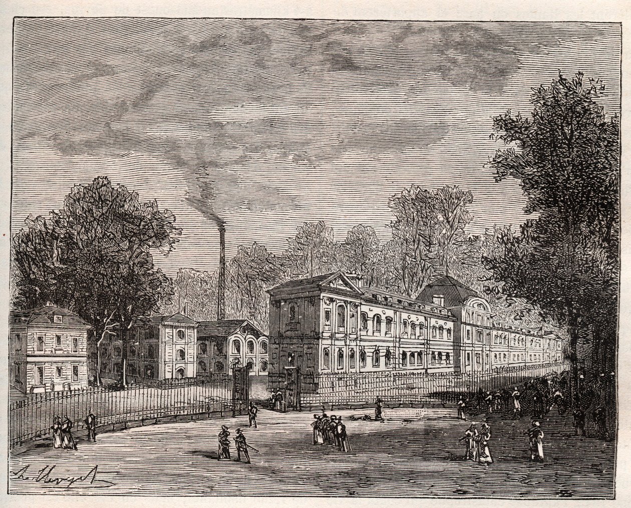 Vista exterior da Fábrica de Porcelana Imperiale de Sevres, construída no parque de Saint Cloud seguindo os planos do arquitecto Laudin - gravura em "France illustree: geography, history, statistical administration" de V.-A. Malt-Brown. 1884 de French School