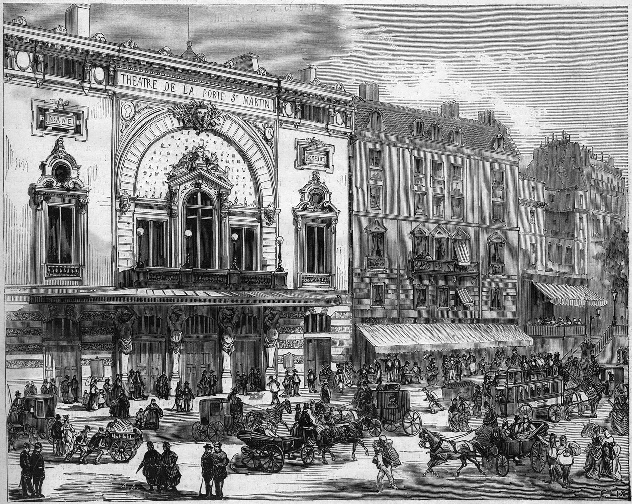 Vista exterior do teatro Porte Saint Martin em Paris, reconstruído em 1873. Gravura em "Le Monde Illustré" n°856 de 6 de Setembro de 1873. de French School