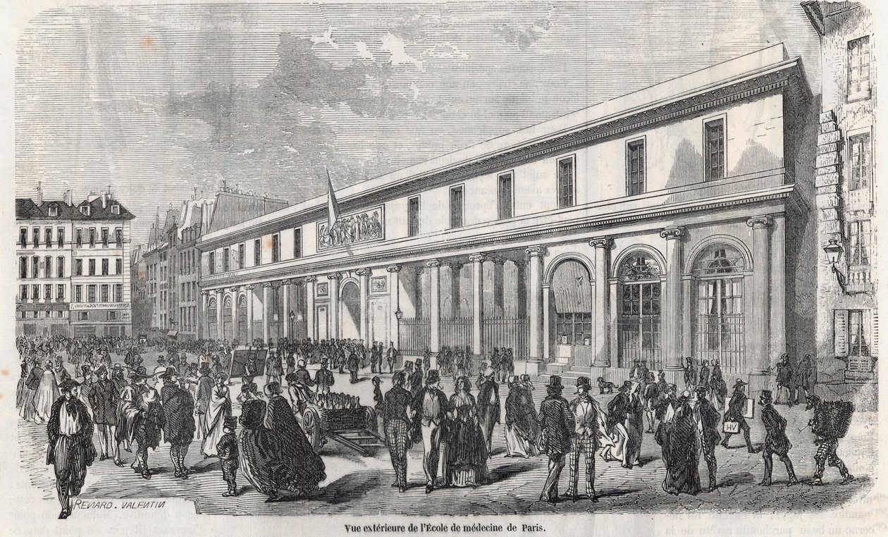 Vista exterior da Escola de Medicina de Paris - Gravura em "Tableau-de-Paris" de Edmond Texier 1852 de French School