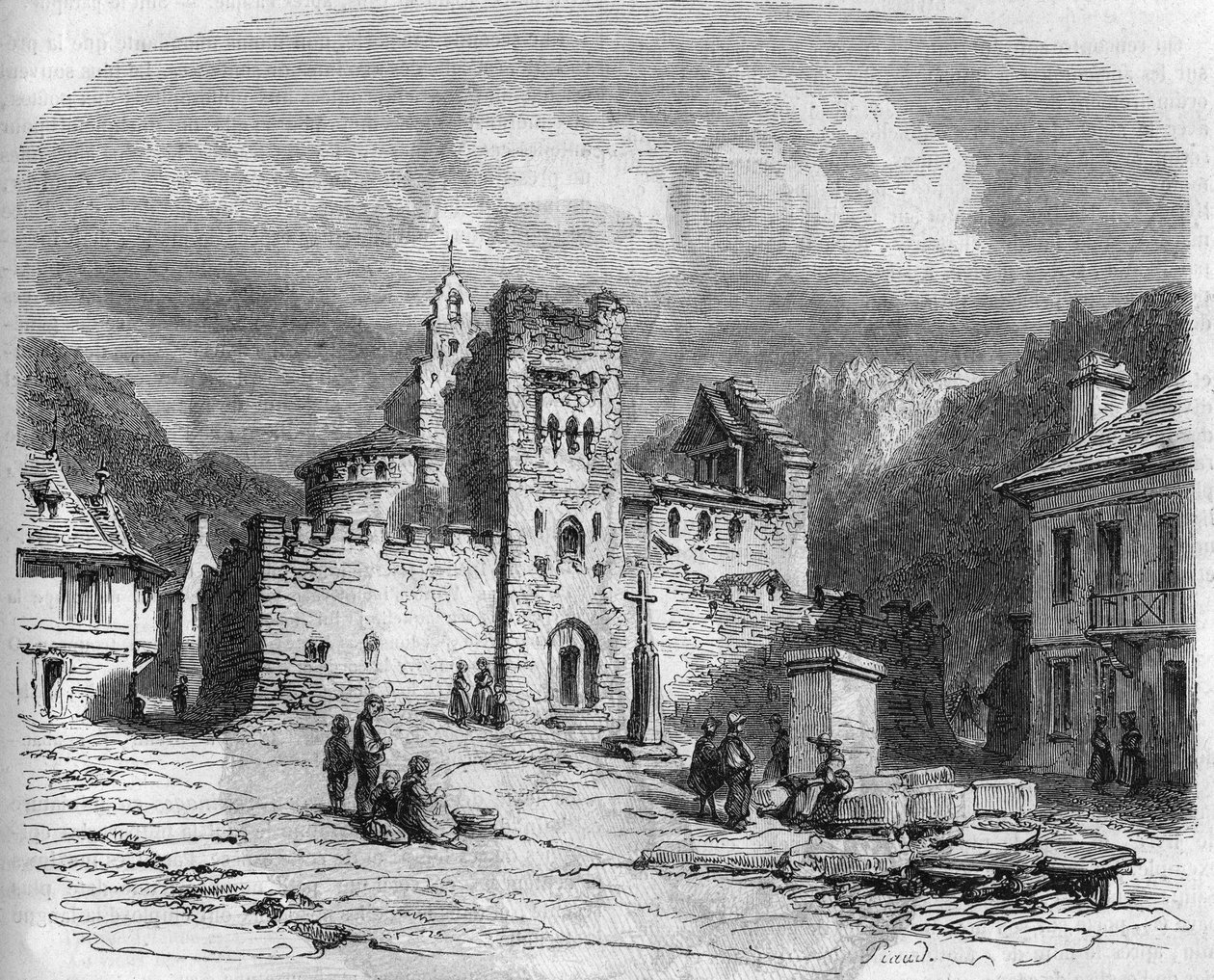 Vista exterior da igreja de Santo André (igreja dos Templários), fortificada no século XIV. Luz Saint Saviour (Luz-Saint-Sauveur), Hautes Pyrennees (65) de French School