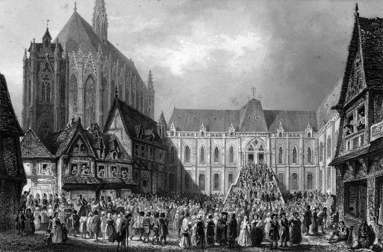 Vista exterior do tribunal. Em "Notre Dame de Paris" de Victor Hugo, gravada a partir de 1844. de French School