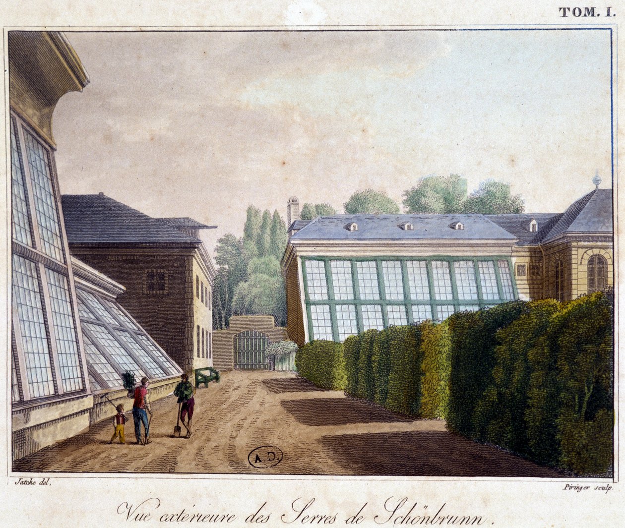 Vista exterior das estufas de Schnbrunn - em "Picturesque Journey in Austria" pelo Conde Alexandre de Laborde, Paris, Didot l
