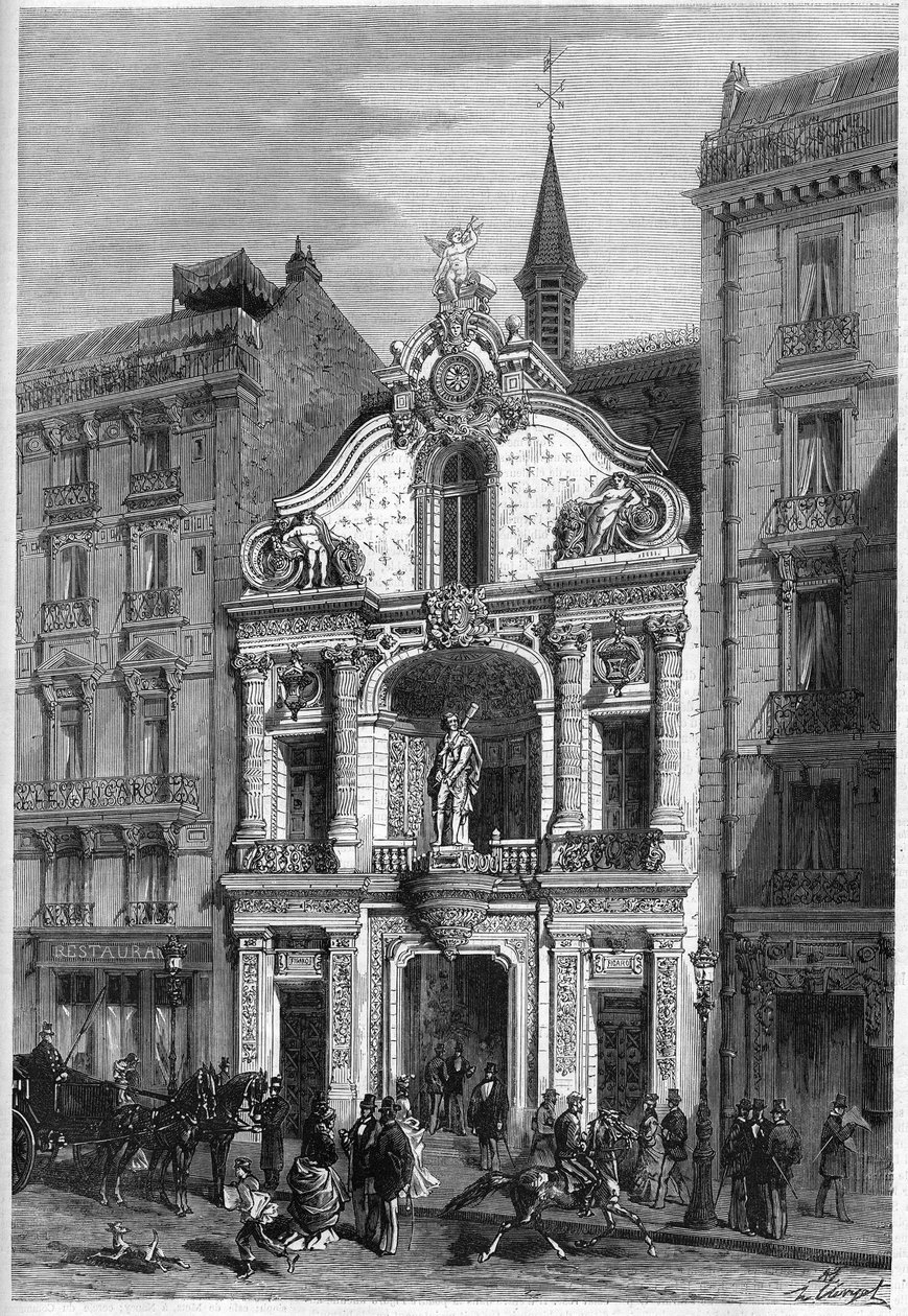 Vista exterior do hotel do jornal "Le Figaro" em Paris no 26, rue Drouot. Gravura no "Le Monde Illustré" n°888 de 18 de Abril de 1874. de French School