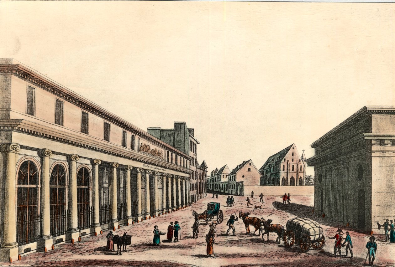 Vista exterior da escola médica em Paris sob o Consulado (1799-1804). Gravura do século XIX. Colecção privada. de French School