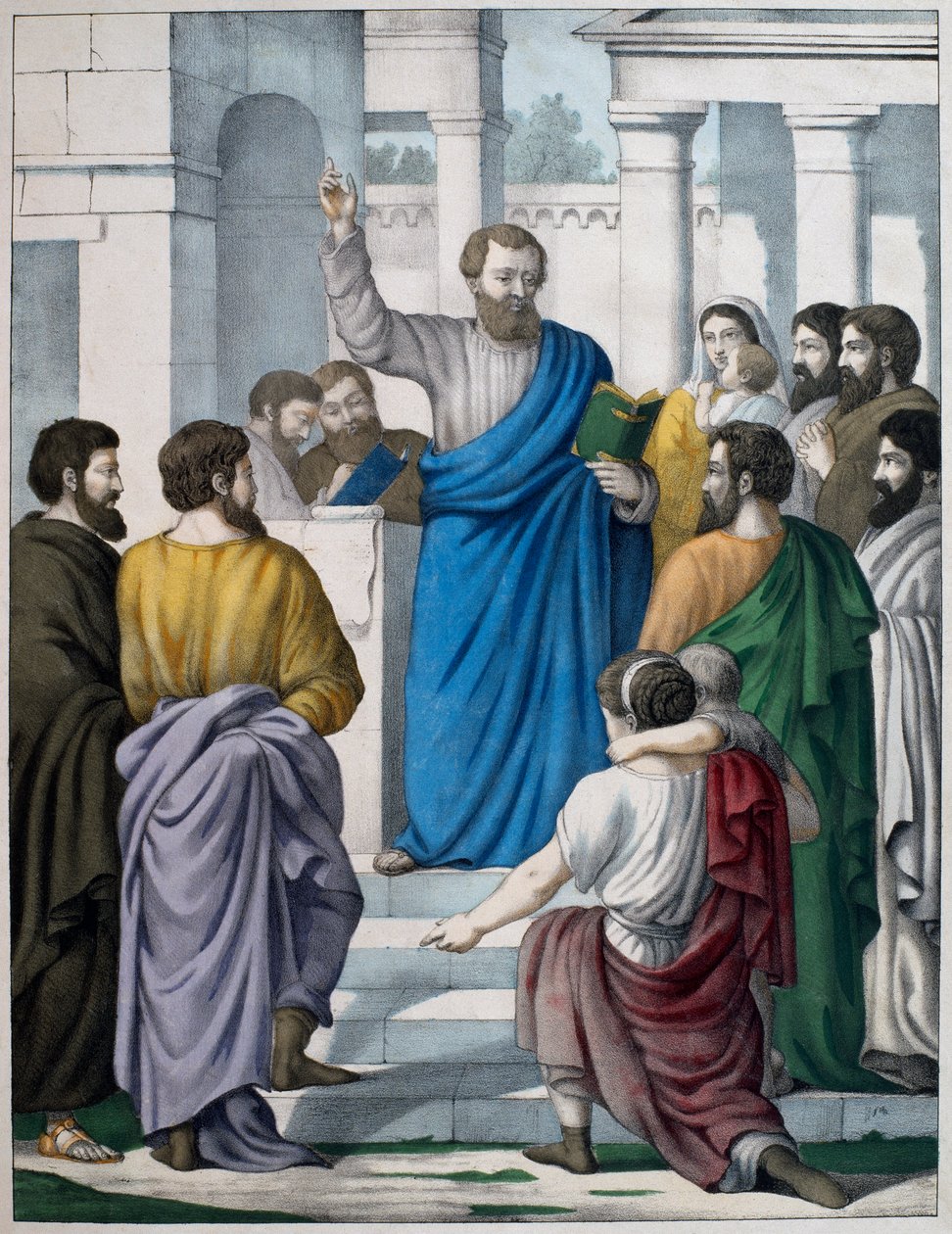 Esdras lendo o livro da lei de Moisés, ilustração de um catecismo LHistoire Sainte, publicado por Charles Delagrave, Paris, final do século XIX de French School