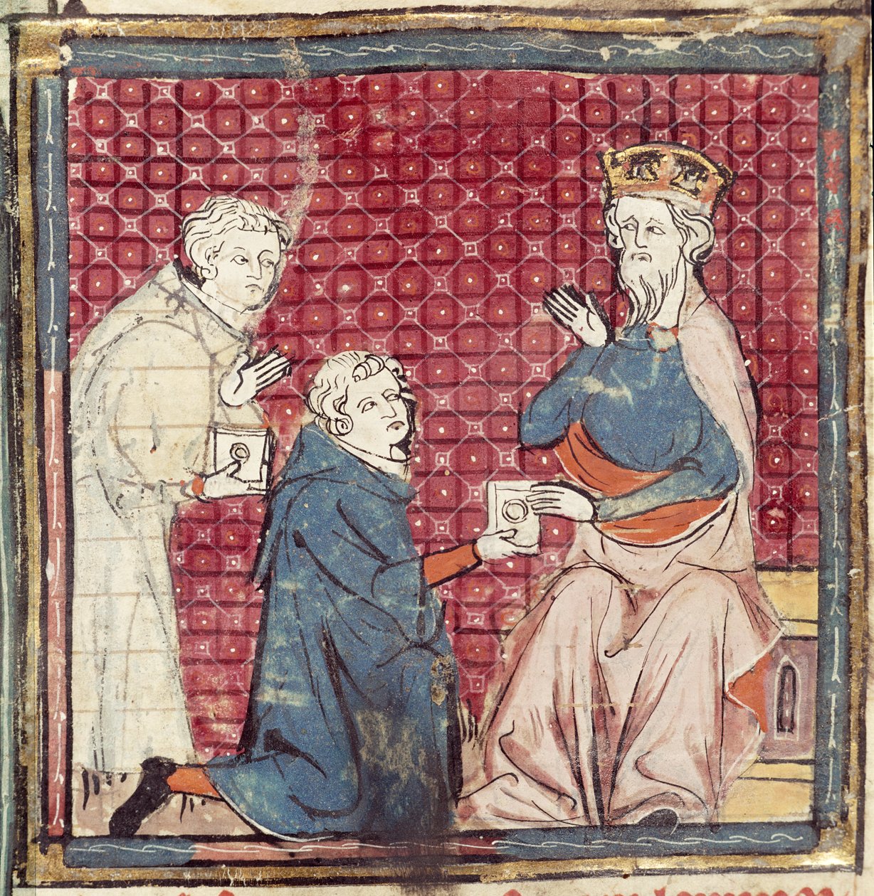 F.117r Mensageiros dizendo a Carlos Magno da vitória sobre os sarracenos, das Grandes Chroniques de France, 1375-79 de French School