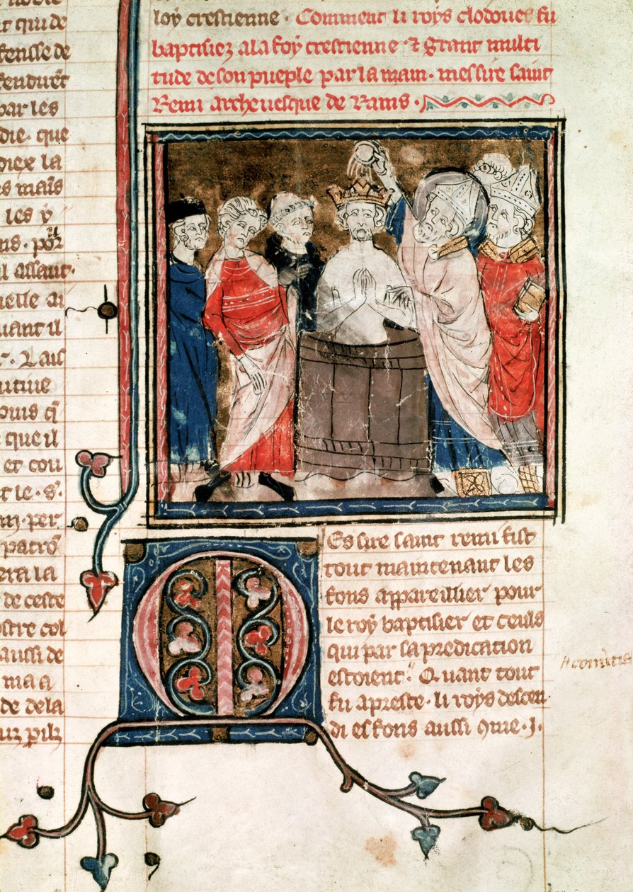 F.11r São Remigio (c.438-533) Bispo de Reims, batizando e tinindo Clóvis I (465-511) Rei dos Francos, das Grandes Chroniques de France, 1375-79 de French School