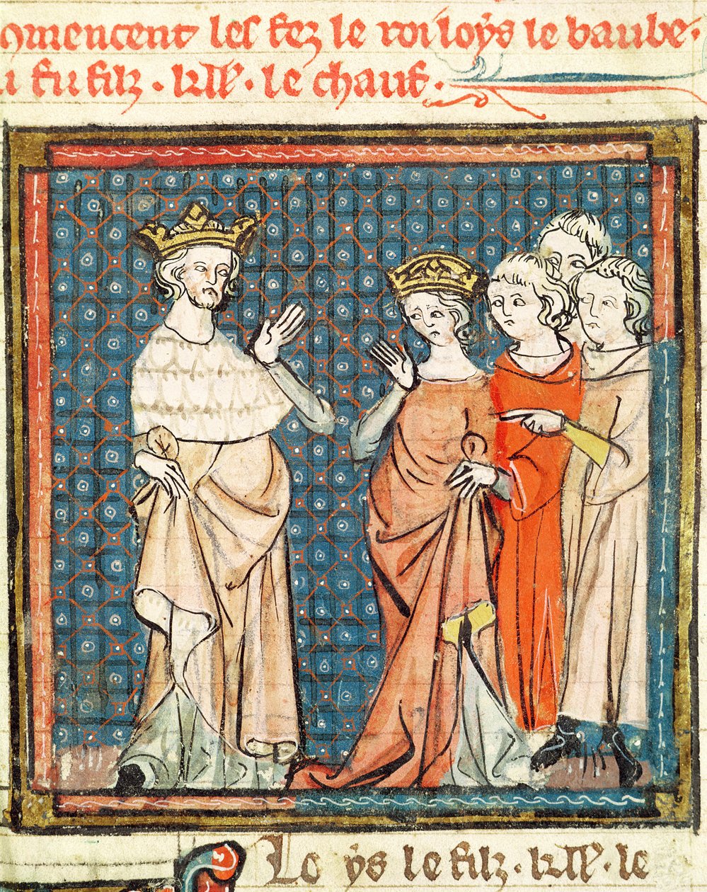 F.180r O Casamento de Luís II (846-79), o Gago e Adelaide de Frioul, Rainha da Aquitânia, das Grandes Chroniques de France 1375-79 de French School