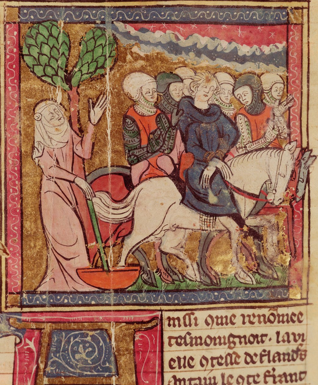 F.288r Fernando de Portugal (1186-1233) Conde de Flandres tomado como prisioneiro de Paris depois da Batalha de Bouvines, 27 de julho de 1214, Grandes Chroniques de France, 1375-79 de French School