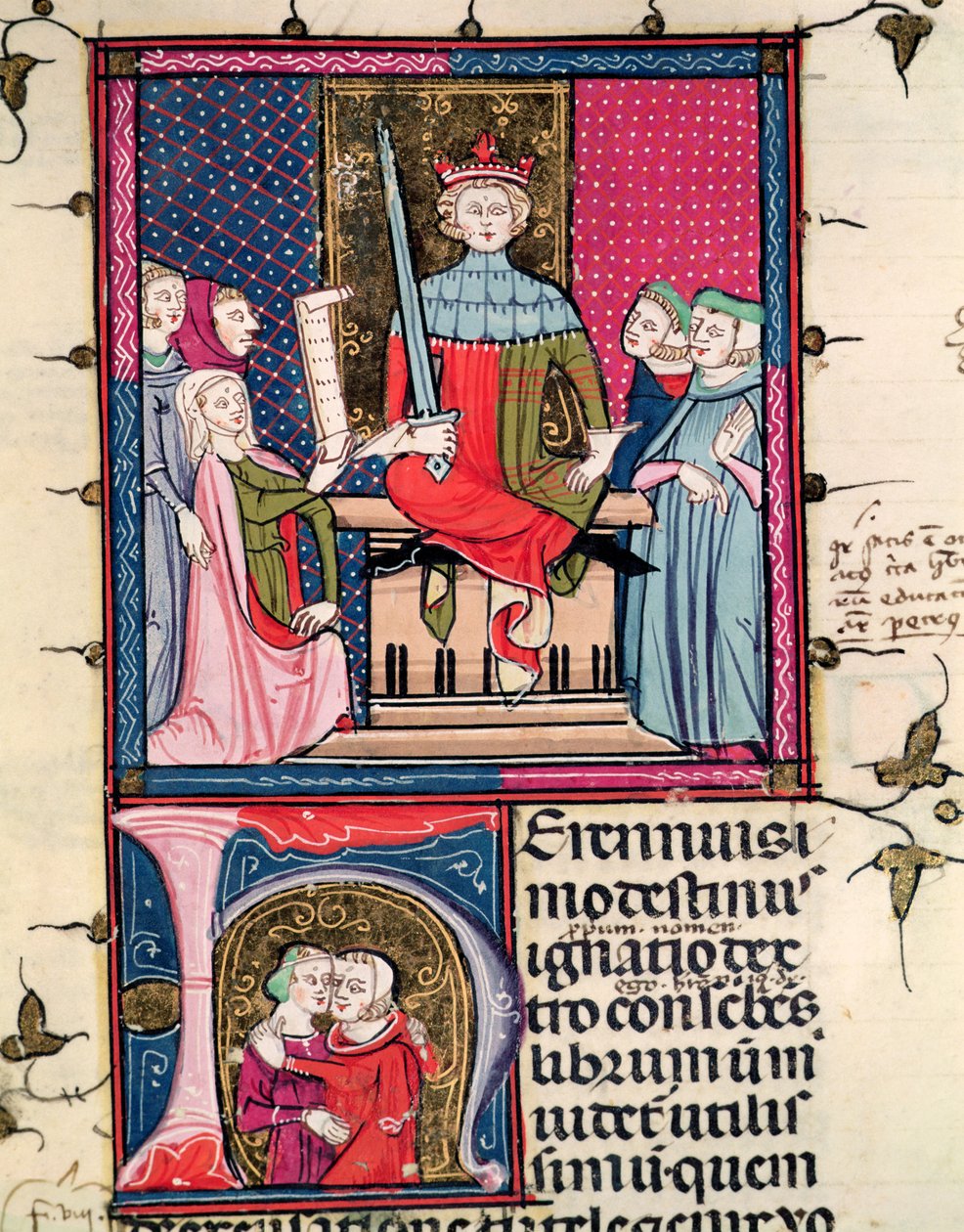 F.39r Lei Conjugal, uma esposa adúltera que aparece no tribunal, de Justiniani em Fortiatum de French School