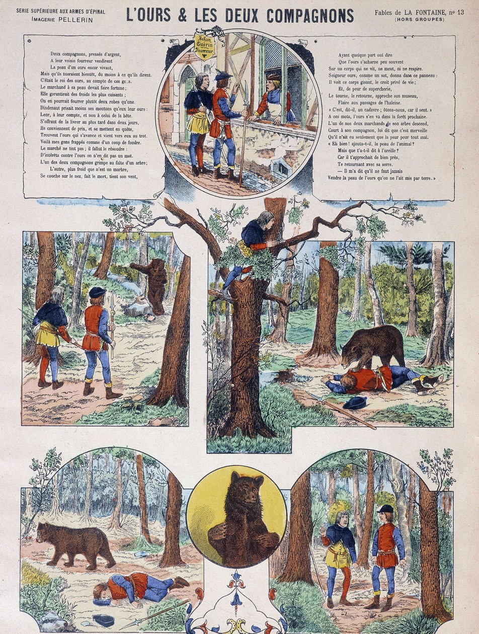 Fábula de La Fontaine: O urso e os dois companheiros - Quadro epinal, ed. Pellerin, final do século XIX de French School