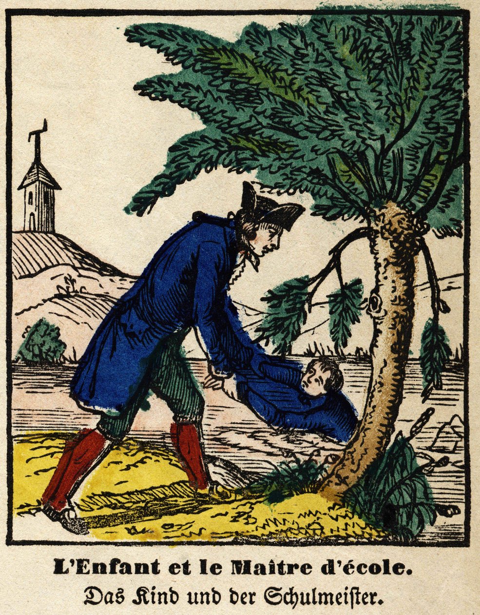 Fables de La Fontaine: a criança e o mestre da escola. Imagem de Epinal, primeira metade do século XIX de French School