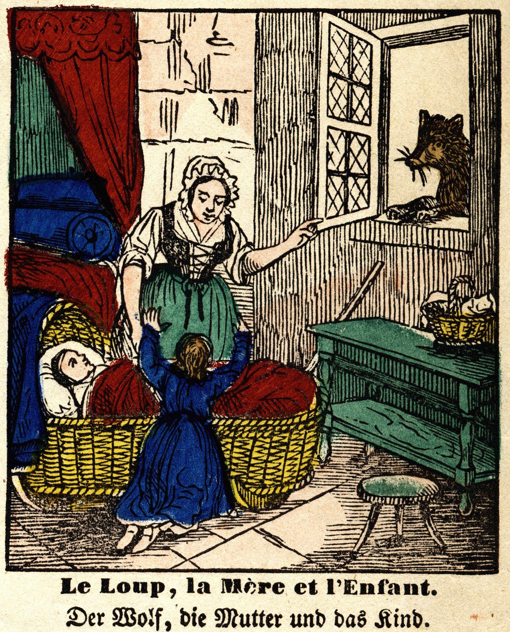 Fábulas de La Fontaine: o lobo, a mãe e a criança. Imagem de Epinal, primeira metade do século XIX de French School