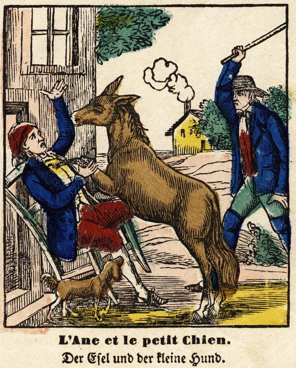 Fábulas de La Fontaine: o burro e o cãozinho. Imagem de Epinal, primeira metade do século XIX de French School