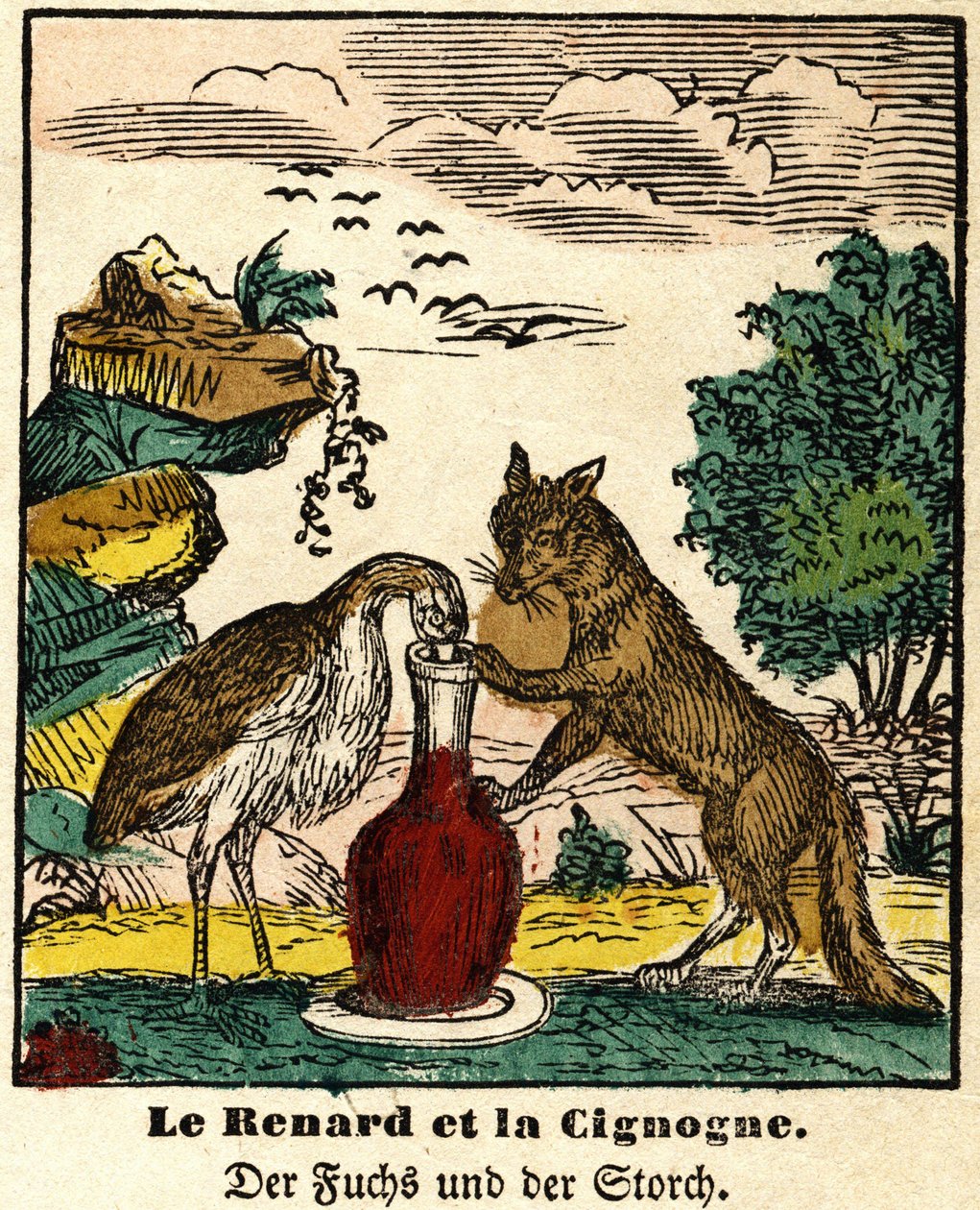 Fábulas de La Fontaine: a raposa e a cegonha. Imagem de Epinal, primeira metade do século XIX de French School