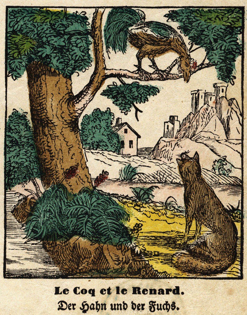 Fábulas de La Fontaine: o galo e a raposa. Imagem de Epinal, primeira metade do século XIX de French School