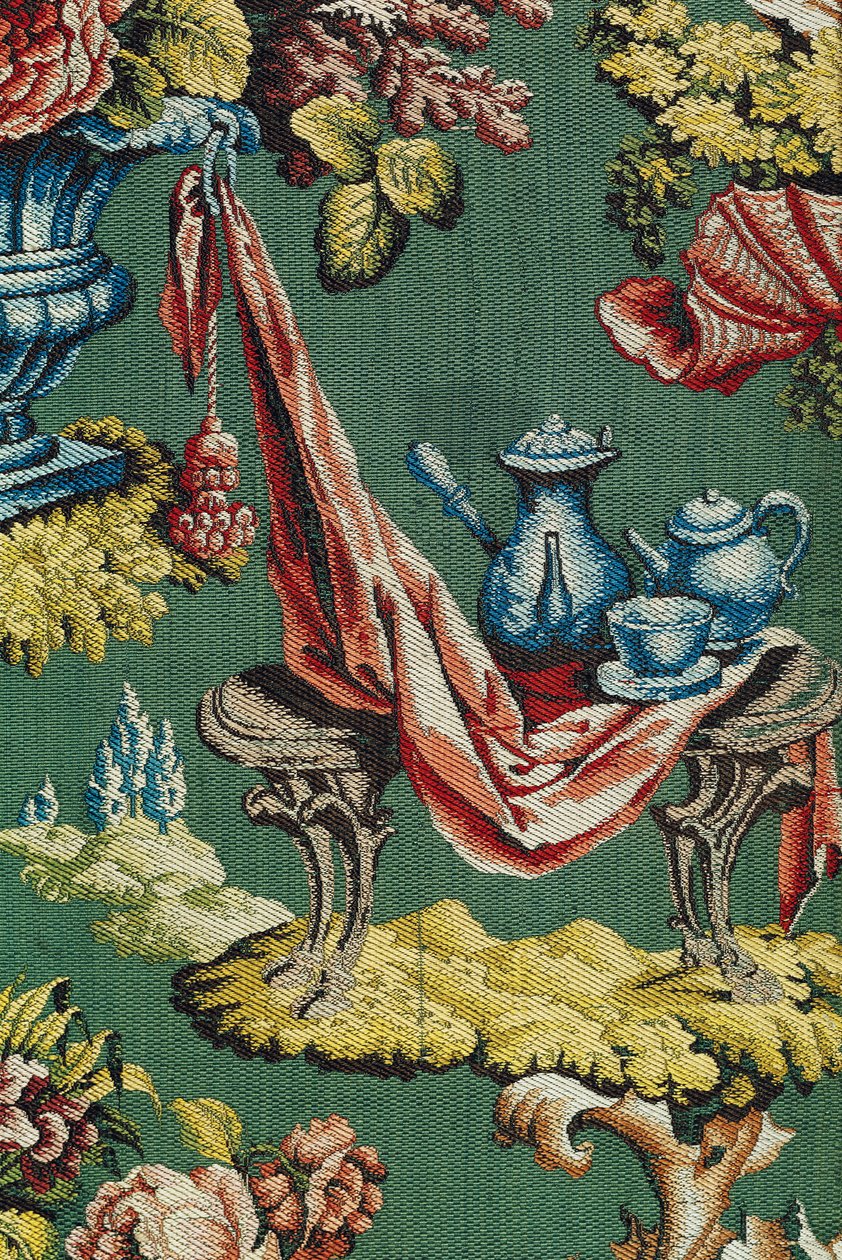 Tecido representando um pote de chocolate e um bule de chá, Lyon Workshop, c.1730 (seda) de French School