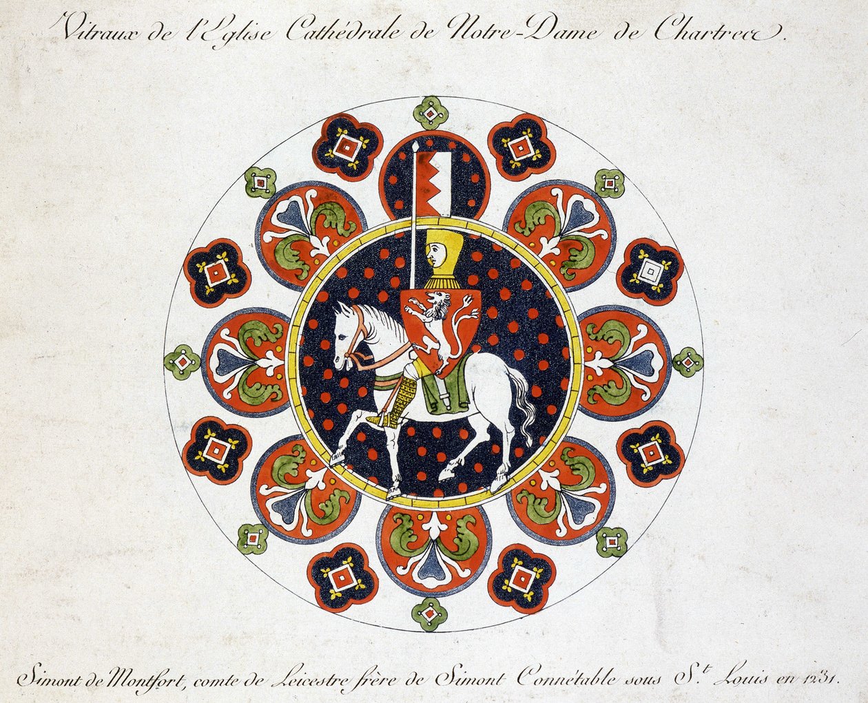 Fac-símile de um vitral da igreja de Nossa Senhora de Chartres: Simont de Montfort, conde de Leicestre, irmão de Simont Conétable sob Saint Louis em 1231. de French School
