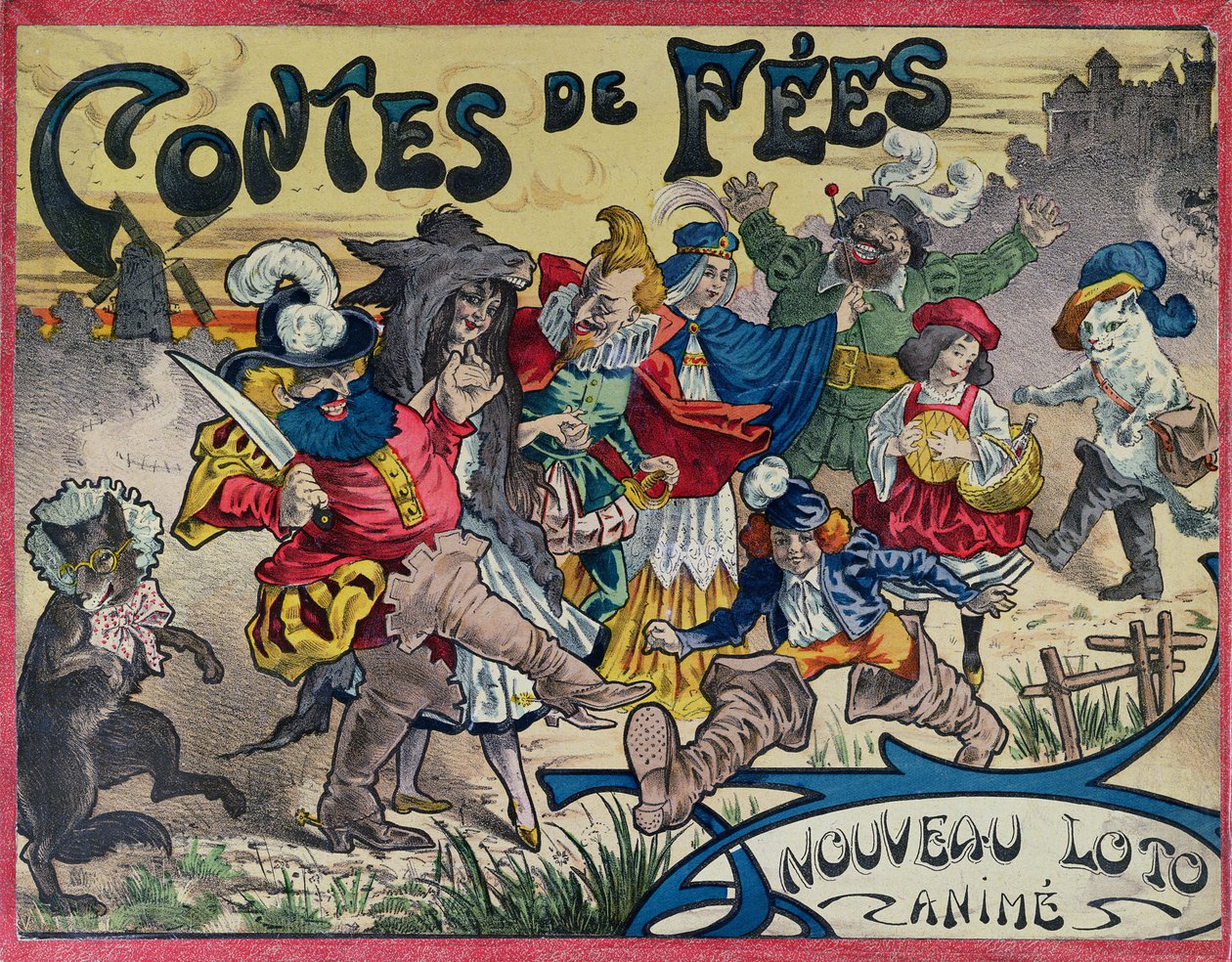 Personagens de conto de fadas pintaram na tampa da caixa de um jogo de loteria de French School