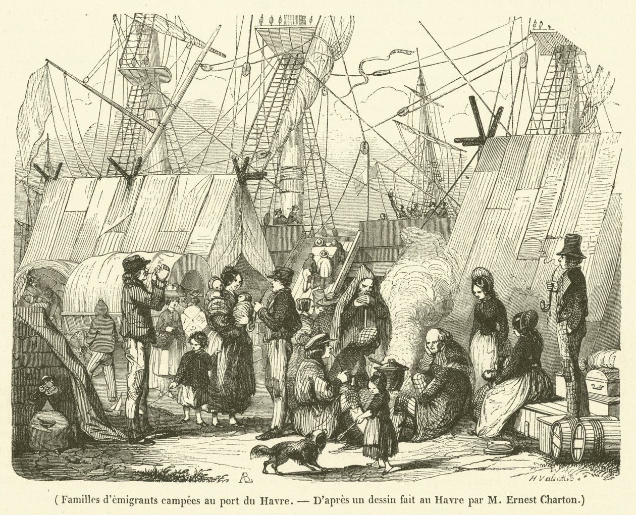 Famílias de emigrantes acampadas no porto do Havre (gravura) de French School