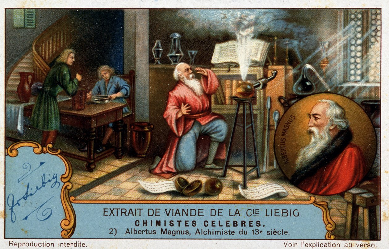 Químicos famosos: Albrecht von Bollstadt, conhecido como Alberto Magno ou Albertus Magnus (1206 - 1280), irmão dominicano, químico alemão e professor de alquimia de Tomás de Aquino, pode ser representado como aprendiz na imagem de French School