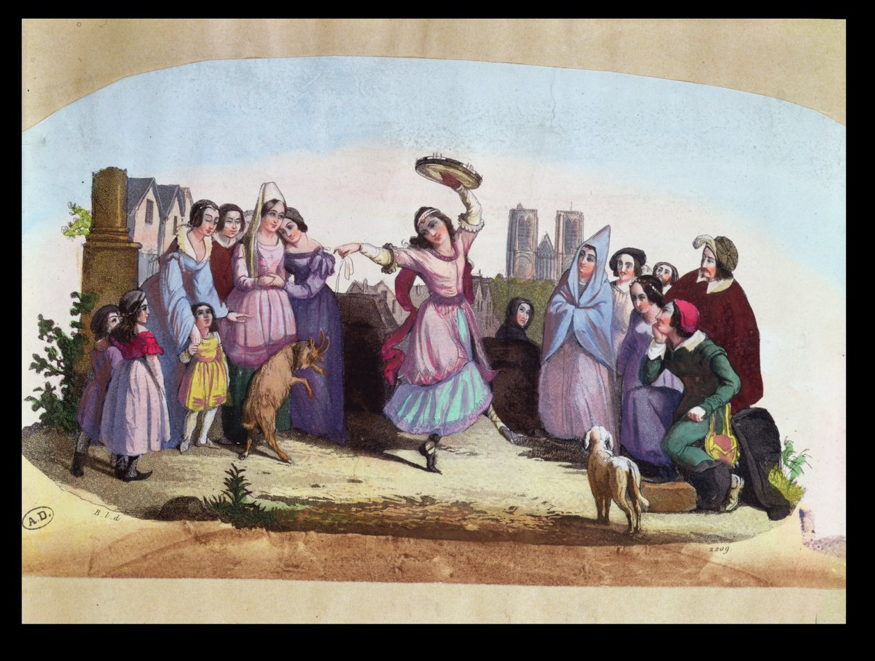 Desenho de fã representando uma cena de La Esmeralda, uma ópera de Louise-Angelique Bertin (1805-77), após o romance de Victor Hugo (1802-85) c.1836 de French School
