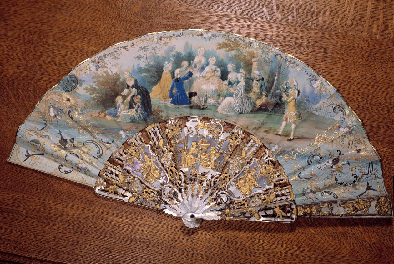 Fã representando um gosto de campo. Um grupo de nobres piqueniques em um parque. Século XVIII Chantilly, museu Conde de French School