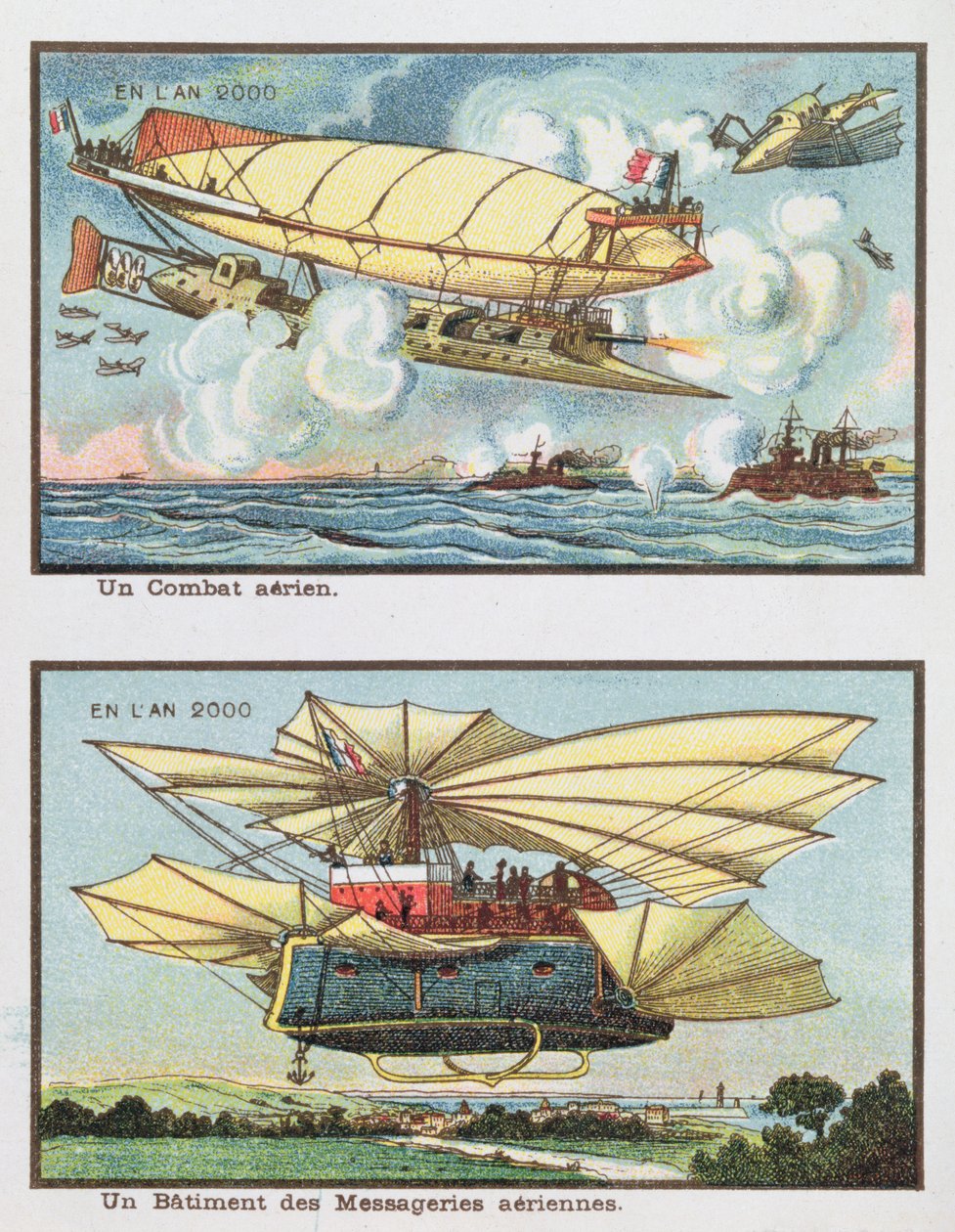 Representações de fantasia de uma batalha aérea e de uma aeronave para transporte de carga no ano 2000, c.1910 de French School