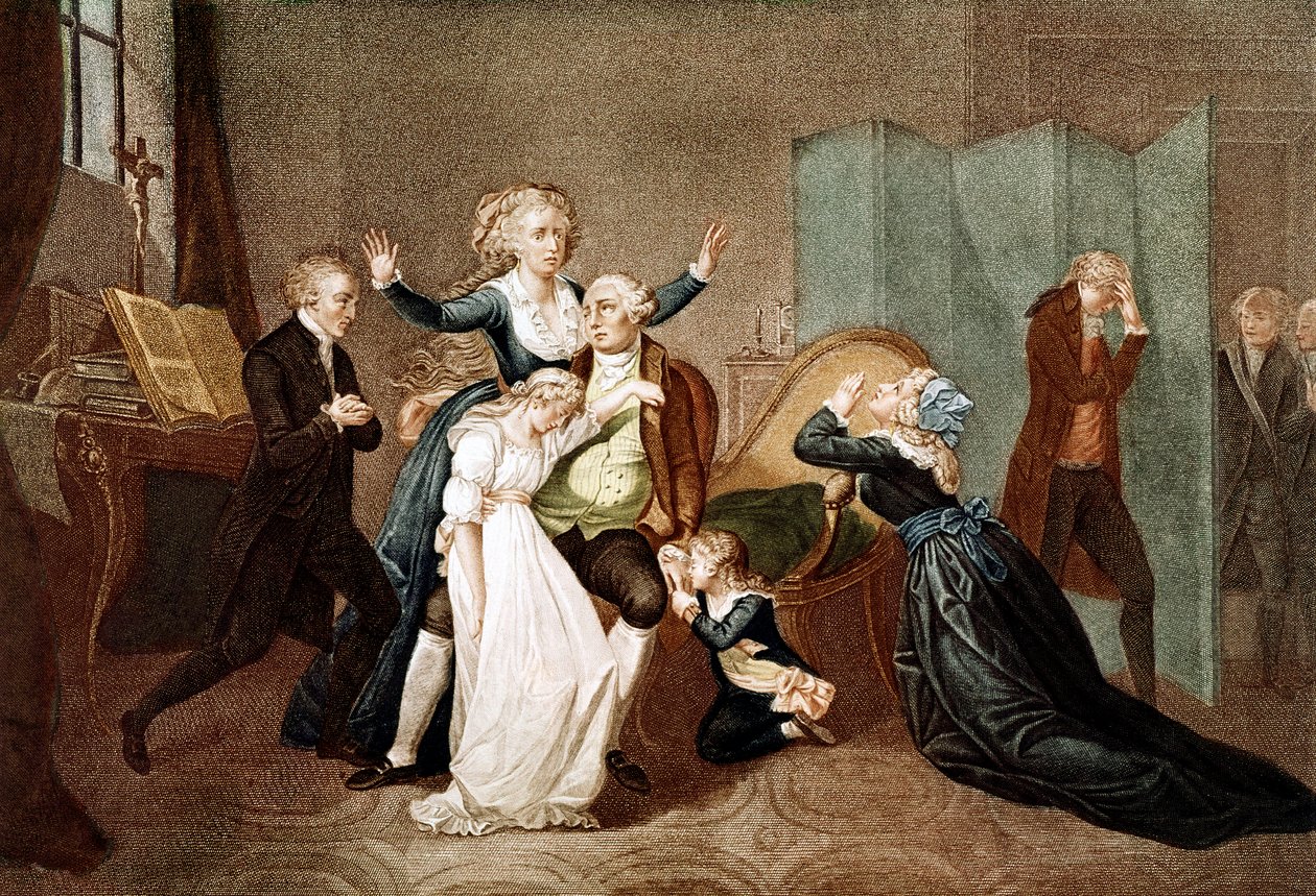 Adeus a Luís XVI pela sua Família no Templo, 20 de Janeiro de 1793 - A última entrevista de Luís XVI com a sua família (Maria Antonieta e os seus filhos Marie Therese ou Madame Royale (1778-1851) e Luís XVII (1785-1795), na véspera da sua execução em T de French School