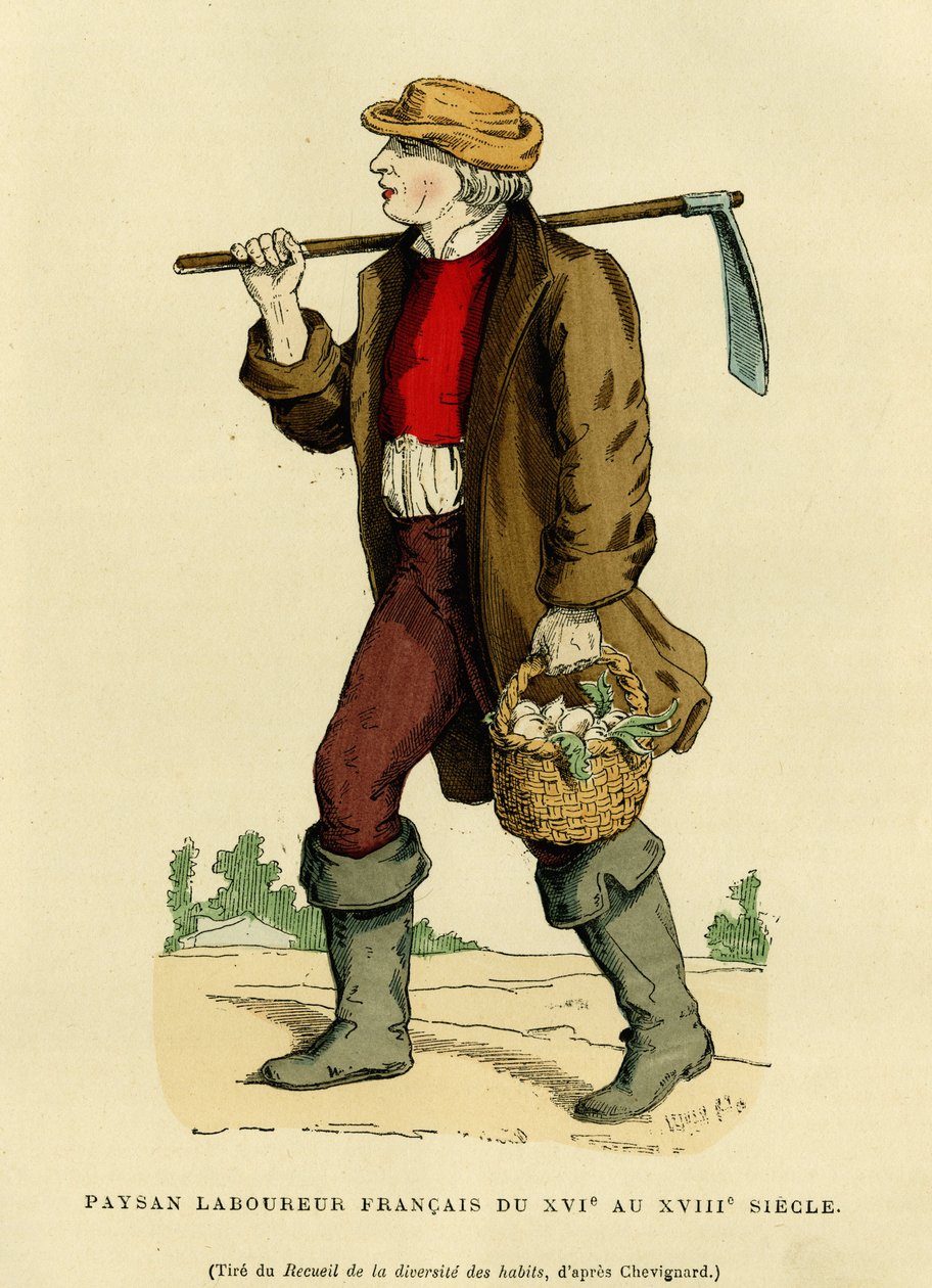 O fato de agricultor dos séculos XVII ao XVIII. Gravura a cores após um desenho de Chevignard, em "France et les francais a travers les centuries" de Augustin Challamel, editor de F.Roy, Paris 1882. Coleção Selva. de French School