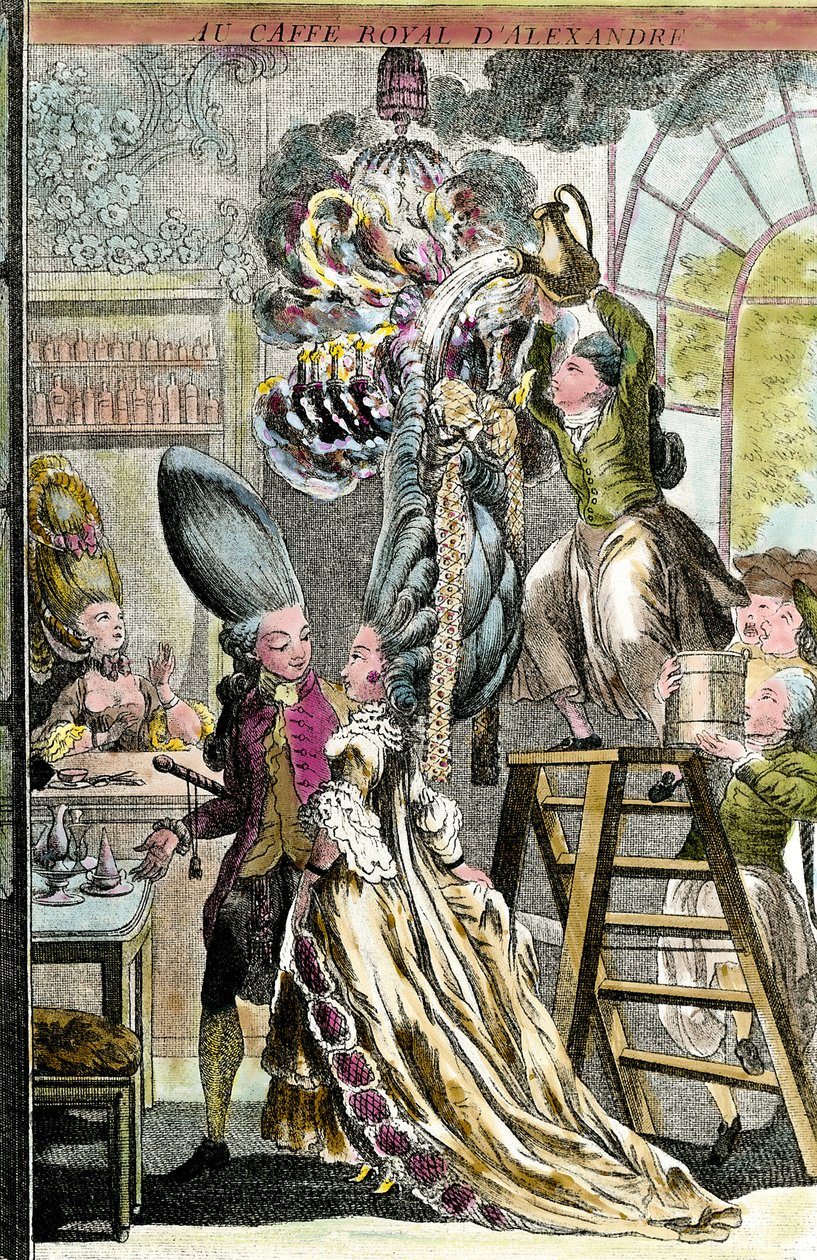 Moda do século XVIII: "O fogo dos penteados" A cabeleira de uma mulher, de estilo excêntrico, incendeia-se num candelabro, durante uma receção mundana no Café Real de Alexandre. Gravura do século XVIII Coleção Particular de French School